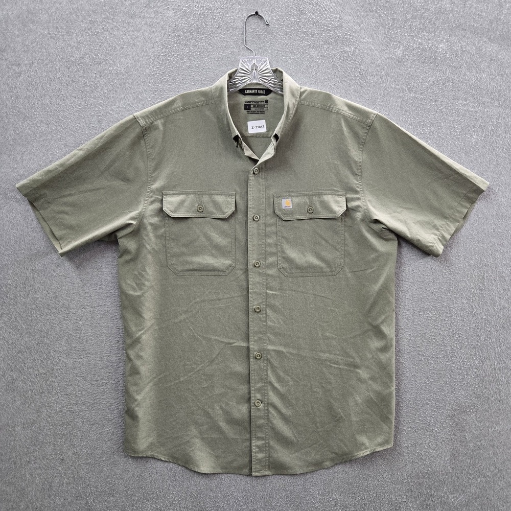 Carhartt Men Button Up Shirt L Green Nylon Polyester TW5292 Work Shirt READ